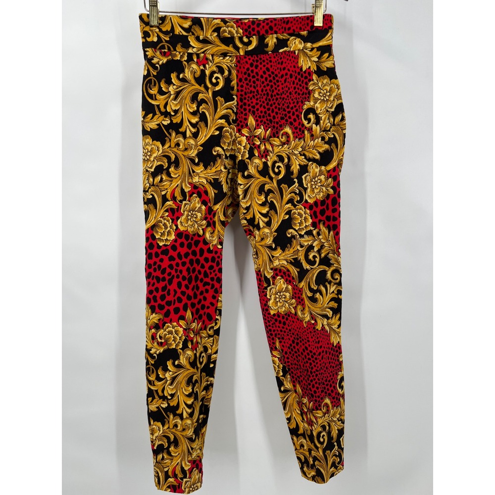 New York & Company Baroque Leopard Print Pants Red Gold Animal Slim Leg Womens M